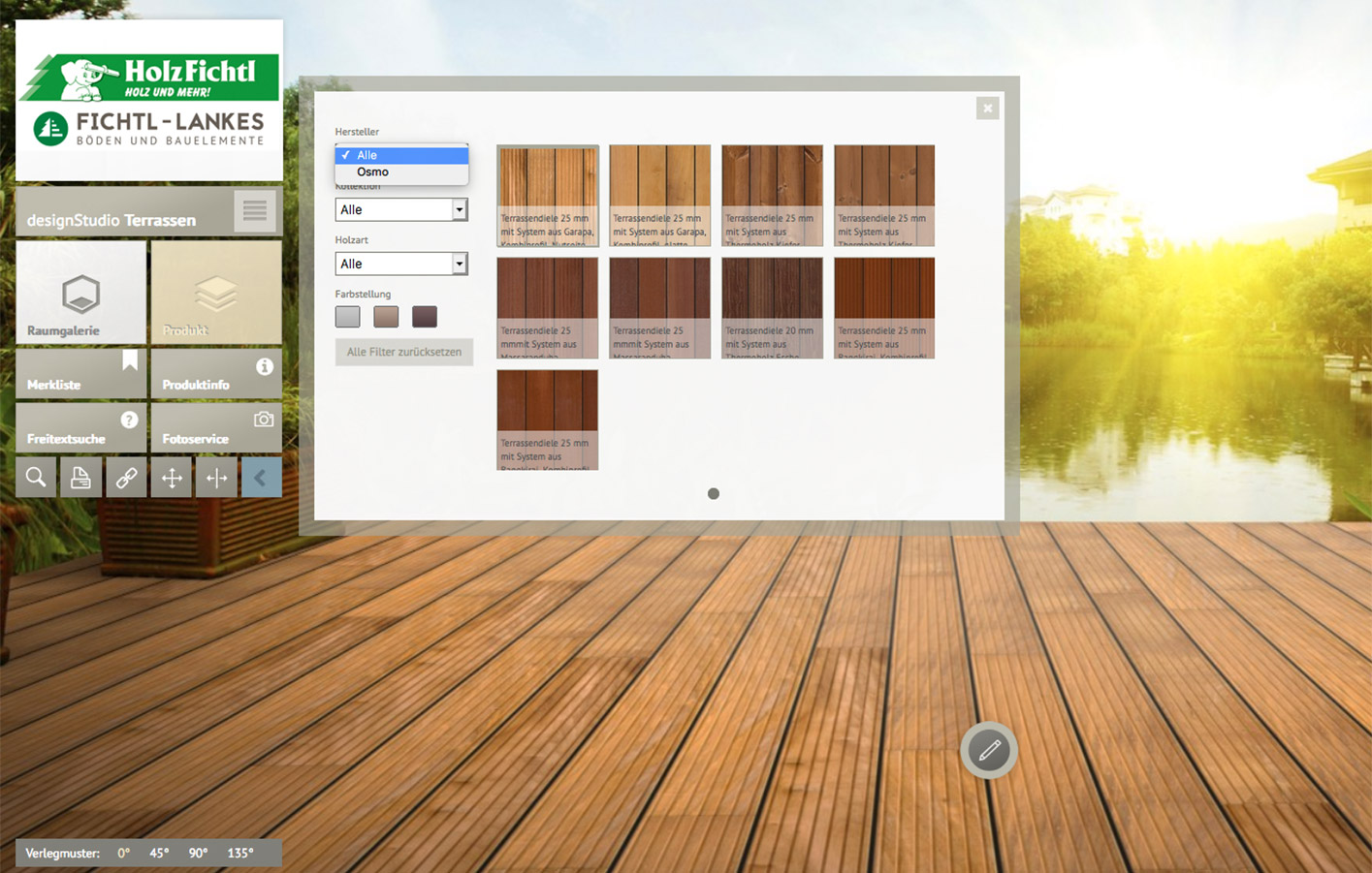 Verlegen Sie Ihre Terrasse und Terrassendielen, virtuell und direkt hier am PC - mit dem Fichtl-designStudio.